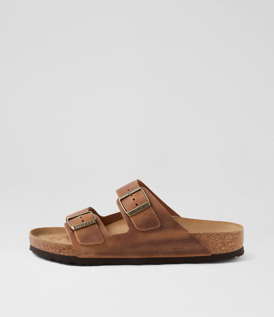 Arizona Mens Cognac Oiled Leather Slides Arizona Mens Cognac Oiled Leather Slides