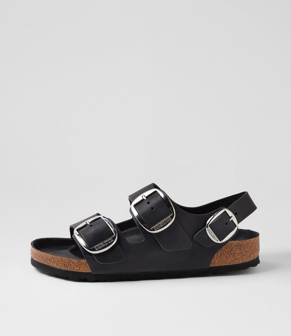 Milano Big Buckle Black Oiled Leather Sandals