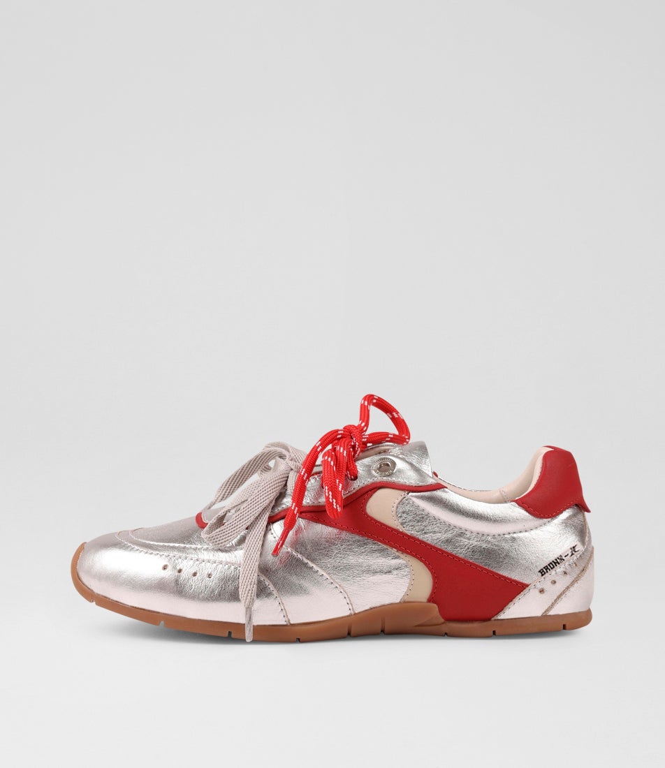 Myr Aa Silver Red Oatmeal Leather Lace Up Sneakers Myr Aa Silver Red Oatmeal Leather Lace Up Sneakers