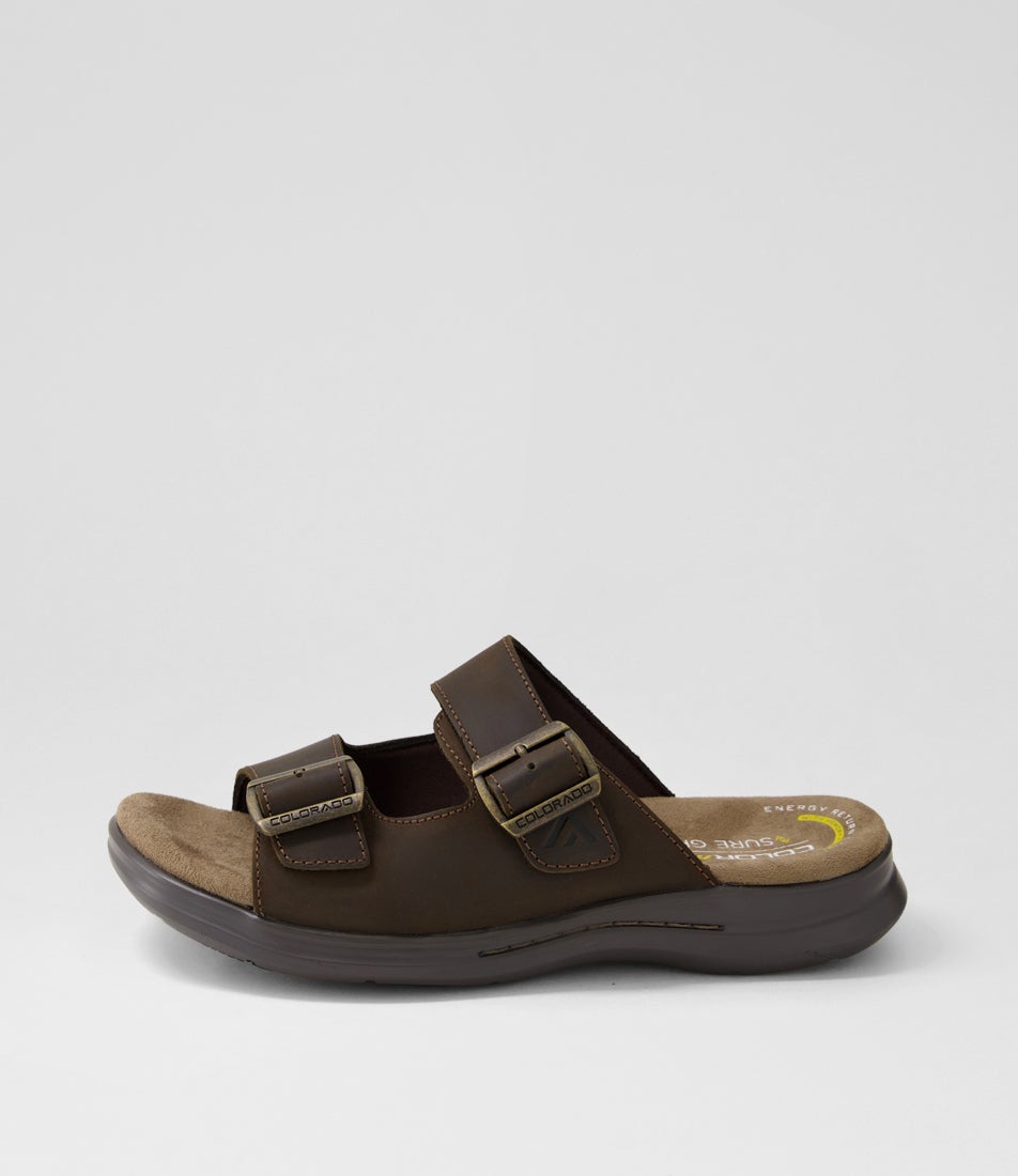 Iza Brown Crazyhorse Leather Slides Iza Brown Crazyhorse Leather Slides