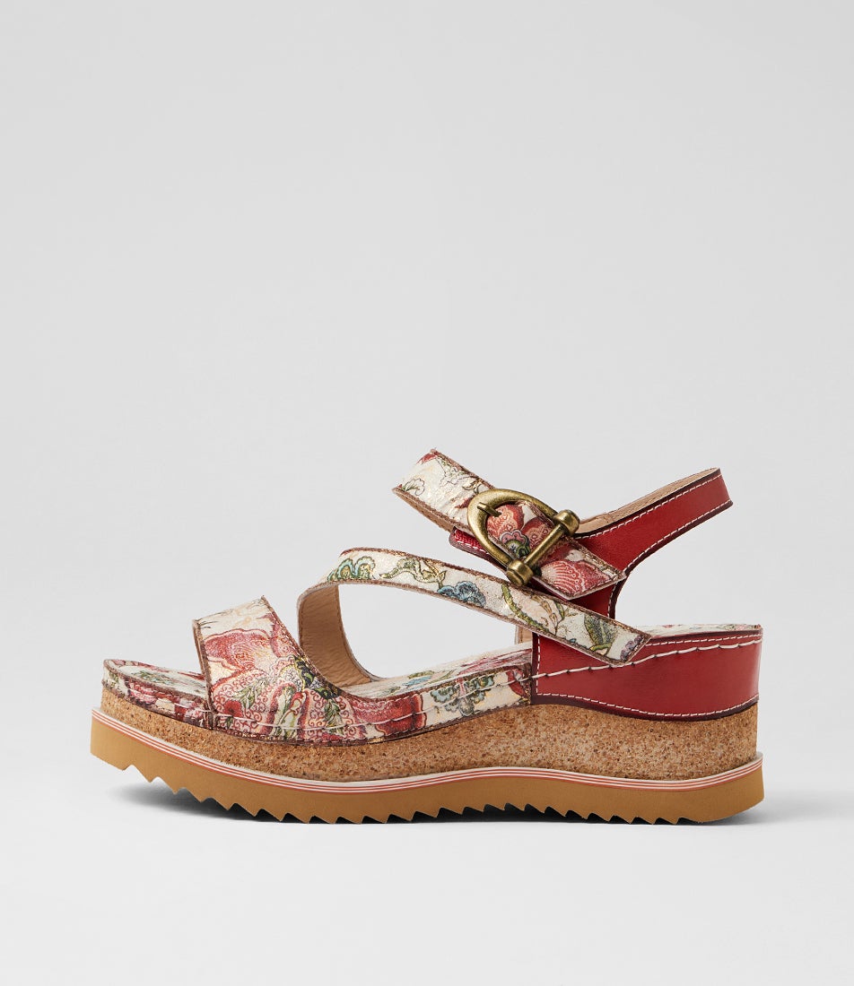 Riley Red Gold Floral Leather Sandals