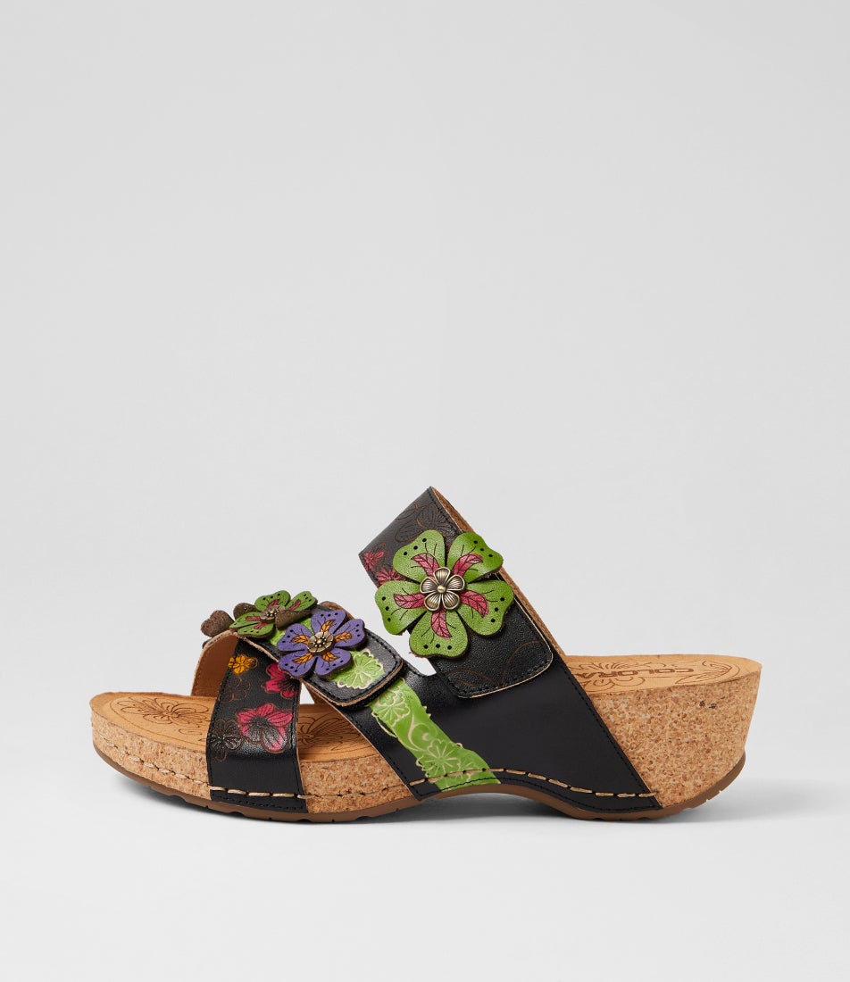 Jasmine Black Botanical Leather Wedges