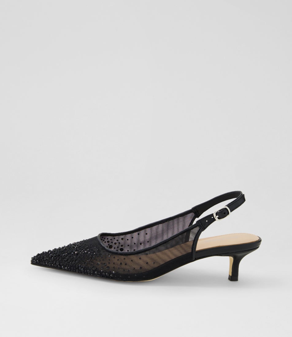Quille Black Jewel Mesh Leather Heels