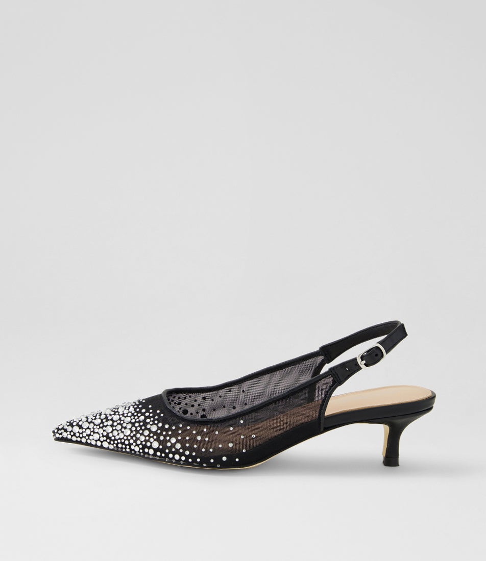 Quille Black Silver Jewel Mesh Leather Heels Quille Black Silver Jewel Mesh Leather Heels