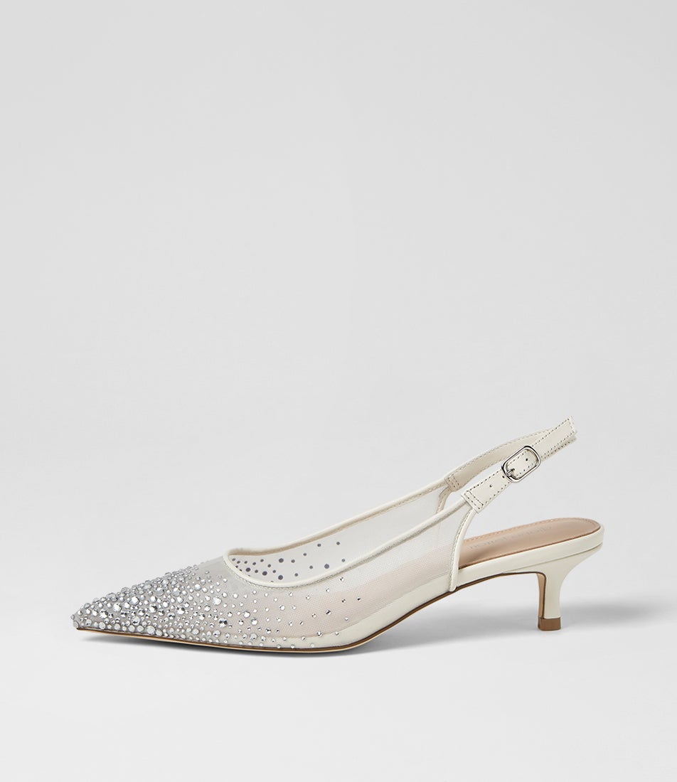 Quille White Silver Jewel Mesh Leather Heels Quille White Silver Jewel Mesh Leather Heels