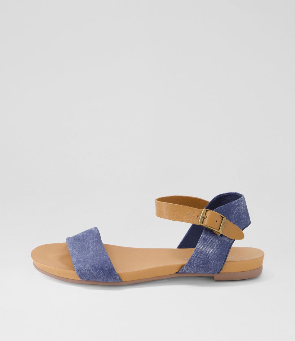 Jinnit Blue Dist Denim Tan Leather Sandals Jinnit Blue Dist Denim Tan Leather Sandals