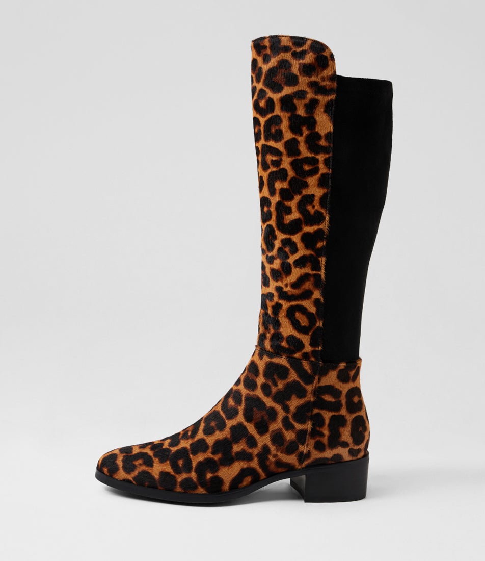 Tetley Dark Tan Leopard Black Pony Stretch Microsuede Knee High Boots