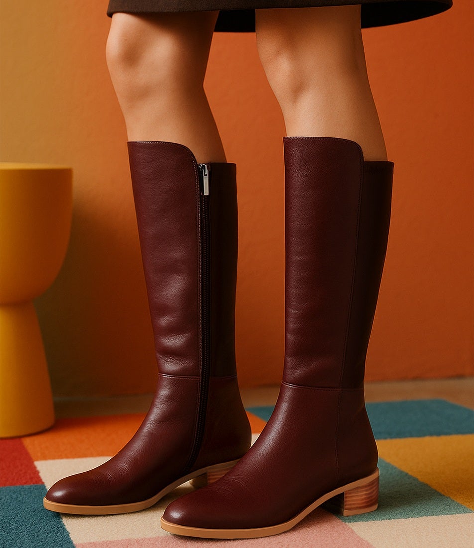 Tetley Burgundy Leather Stretch Knee High Boots