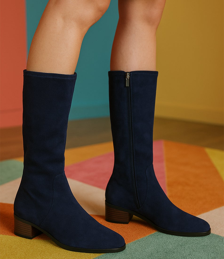 Timothie Navy Stretch Microsuede Knee High Boots Timothie Navy Stretch Microsuede Knee High Boots