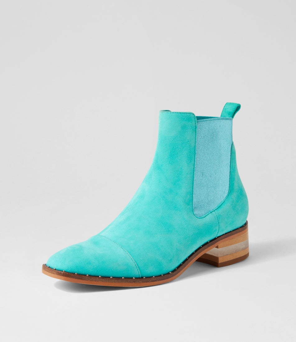 Forda Aqua Blue Metallic Suede Elastic Chelsea Ankle Boots