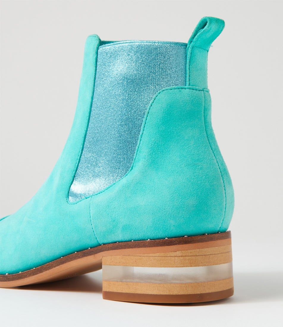 Forda Aqua Blue Metallic Suede Elastic Chelsea Ankle Boots