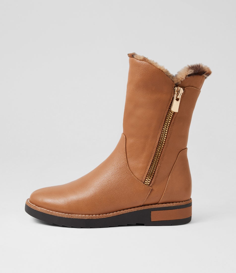 Rhemy Dark Tan Leopard Leather Fur Ankle Boots