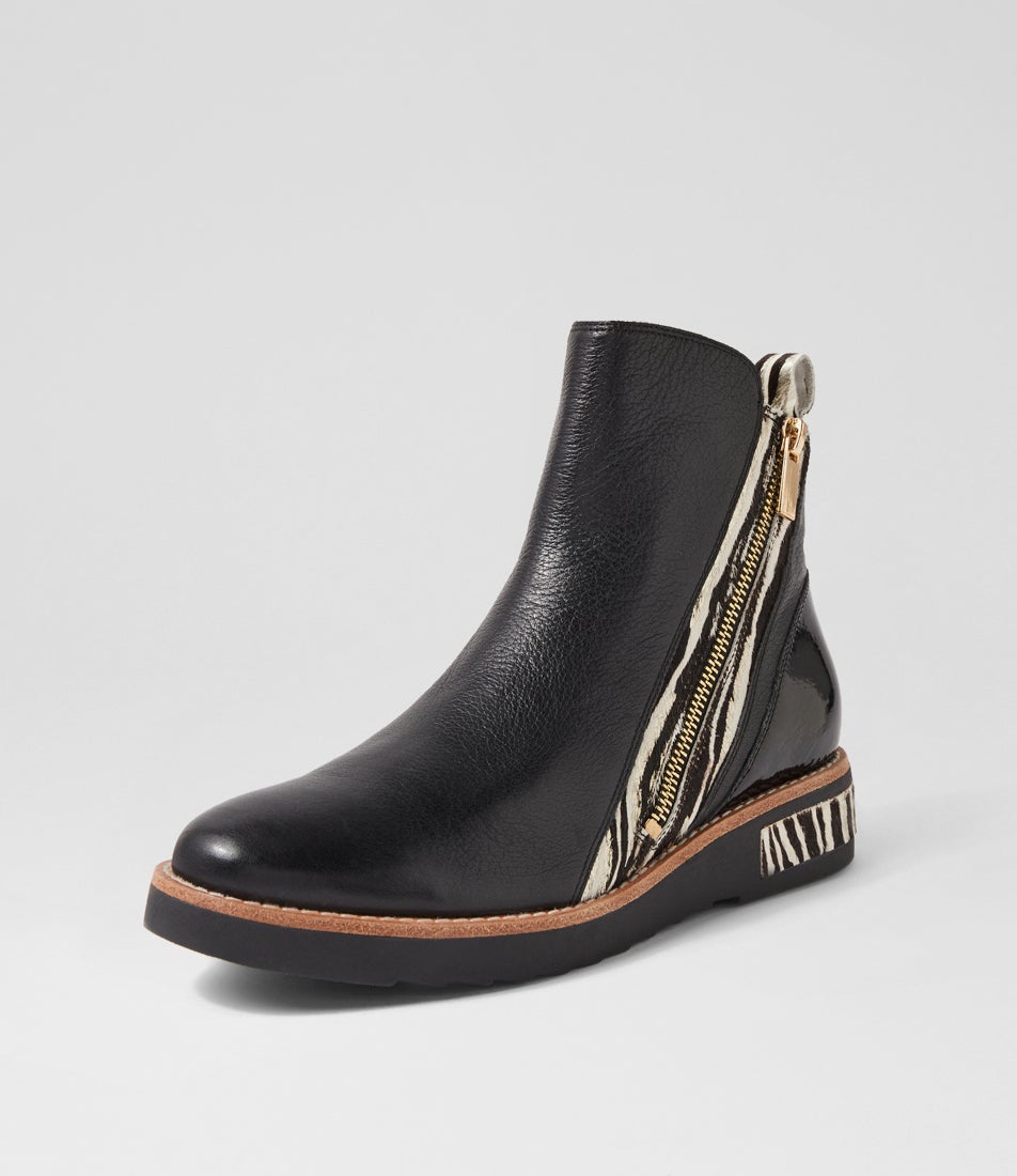 Rhain Black Zebra Metallic Leather Multi Ankle Boots