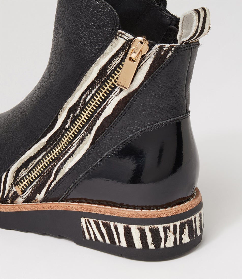 Rhain Black Zebra Metallic Leather Multi Ankle Boots