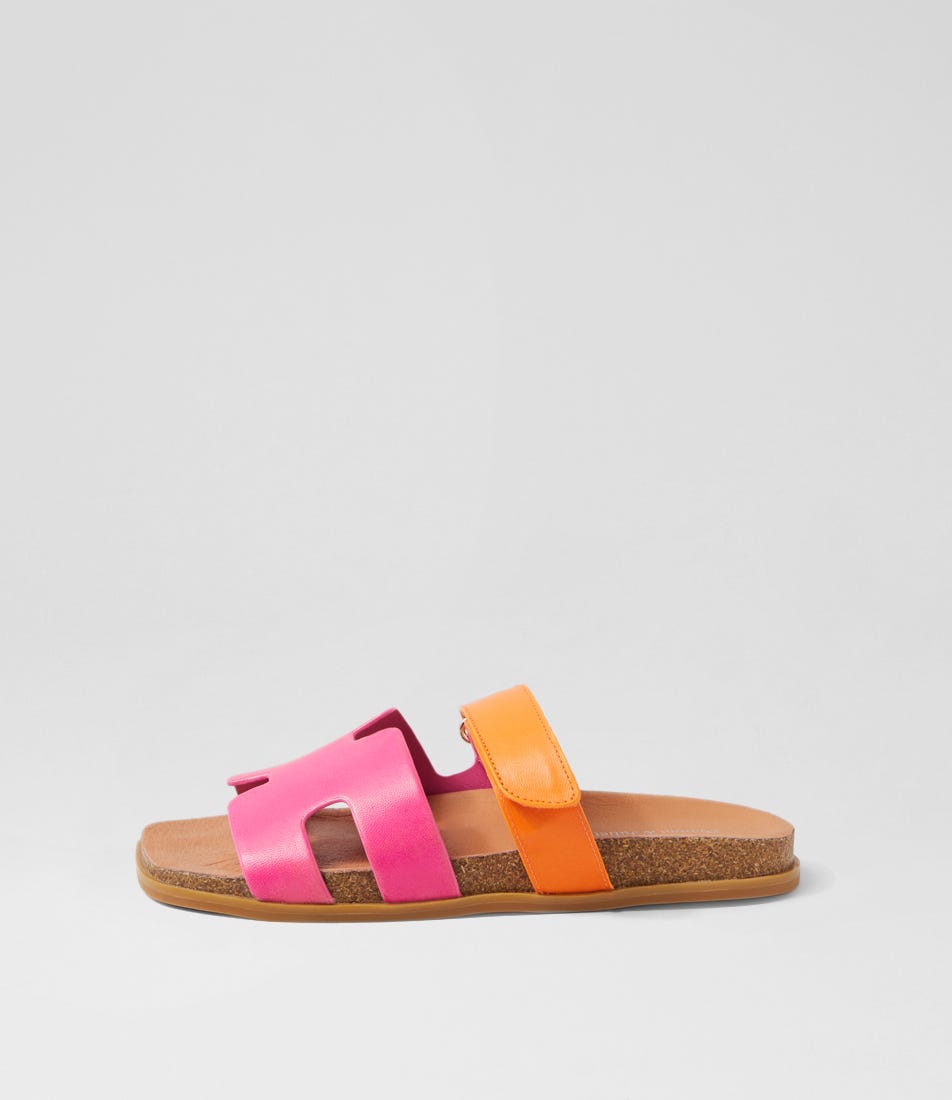 Necho Bright Pink Orange Leather Slides