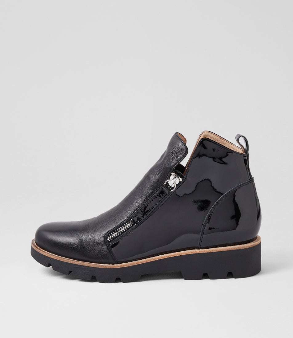Dottiz Black Leather Patent Ankle Boots