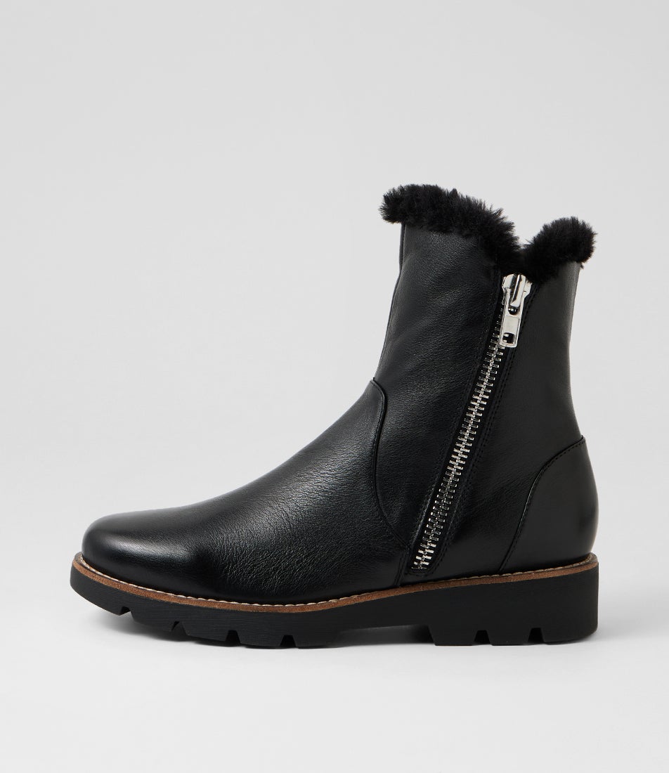 Dlinga Black Leather Fur Ankle Boots