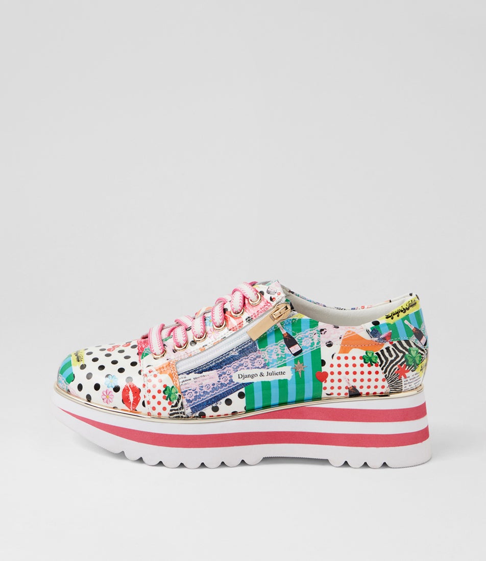 Eammes Collage 2 Print Patent Leather Lace Up Flats