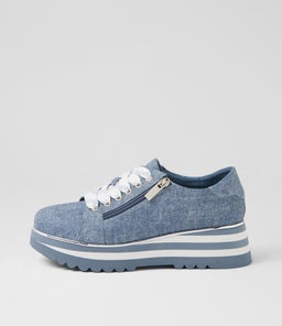 Eammes Blue Denim Leather Lace Up Flats Eammes Blue Denim Leather Lace Up Flats
