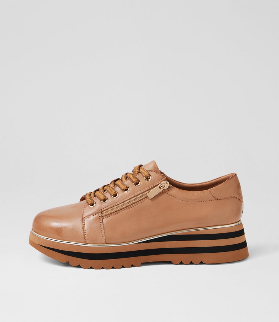 Eammes Cognac Black Leather Lace Up Flats