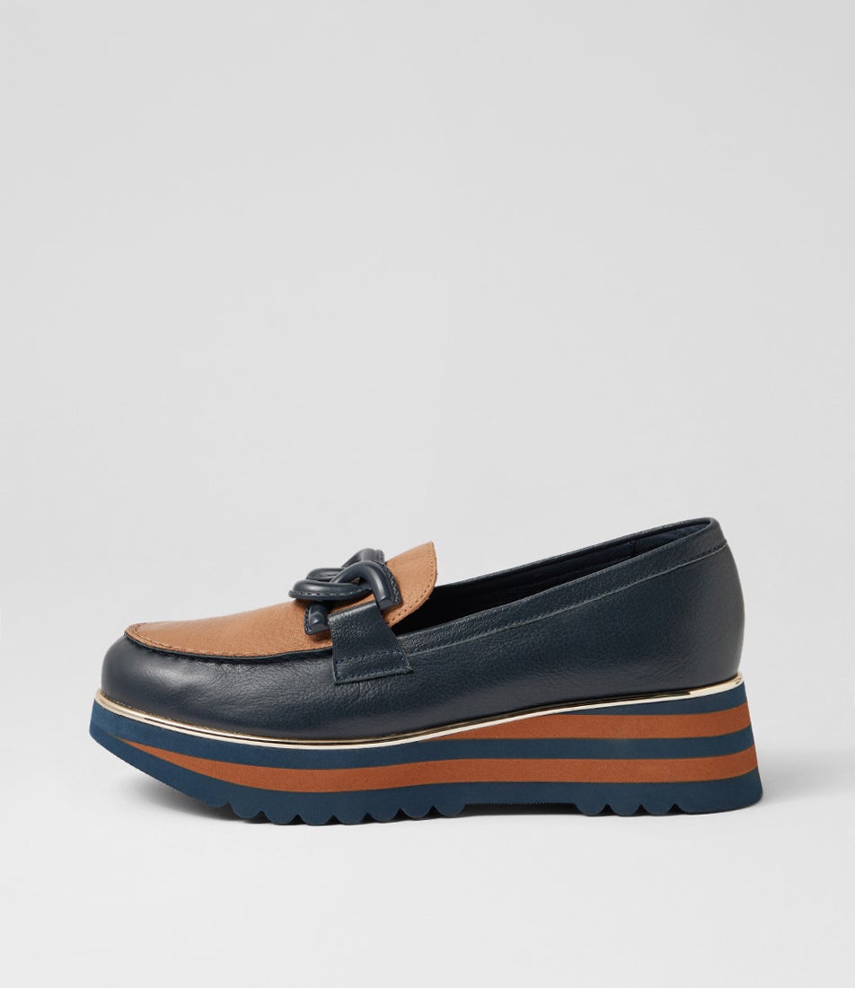 Eaila Navy Cognac Leather Loafers
