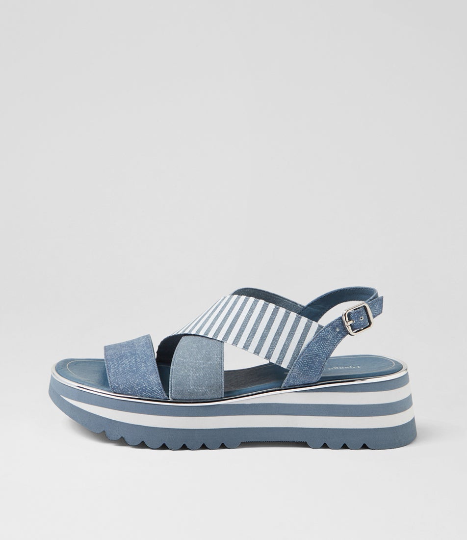 Hunters Blue Denim White Leather Sandals