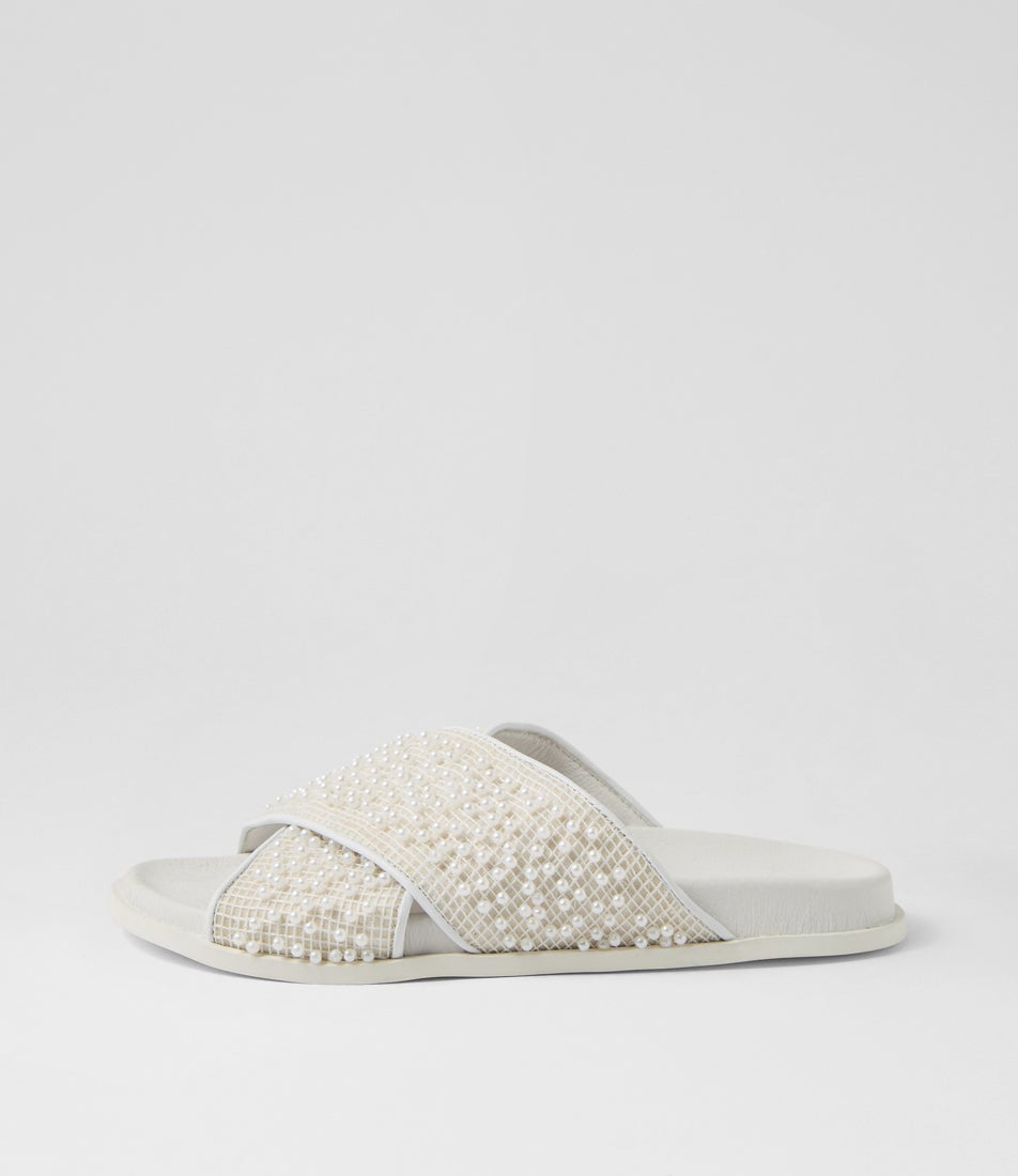 Treppie White Pearls Multi Leather Slides