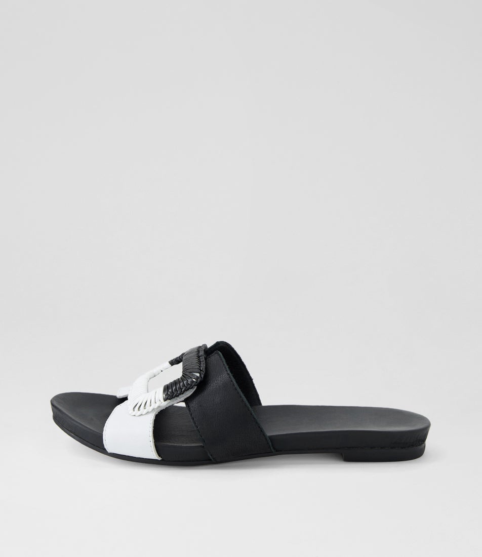 Juniper White Black Leather Slides Juniper White Black Leather Slides