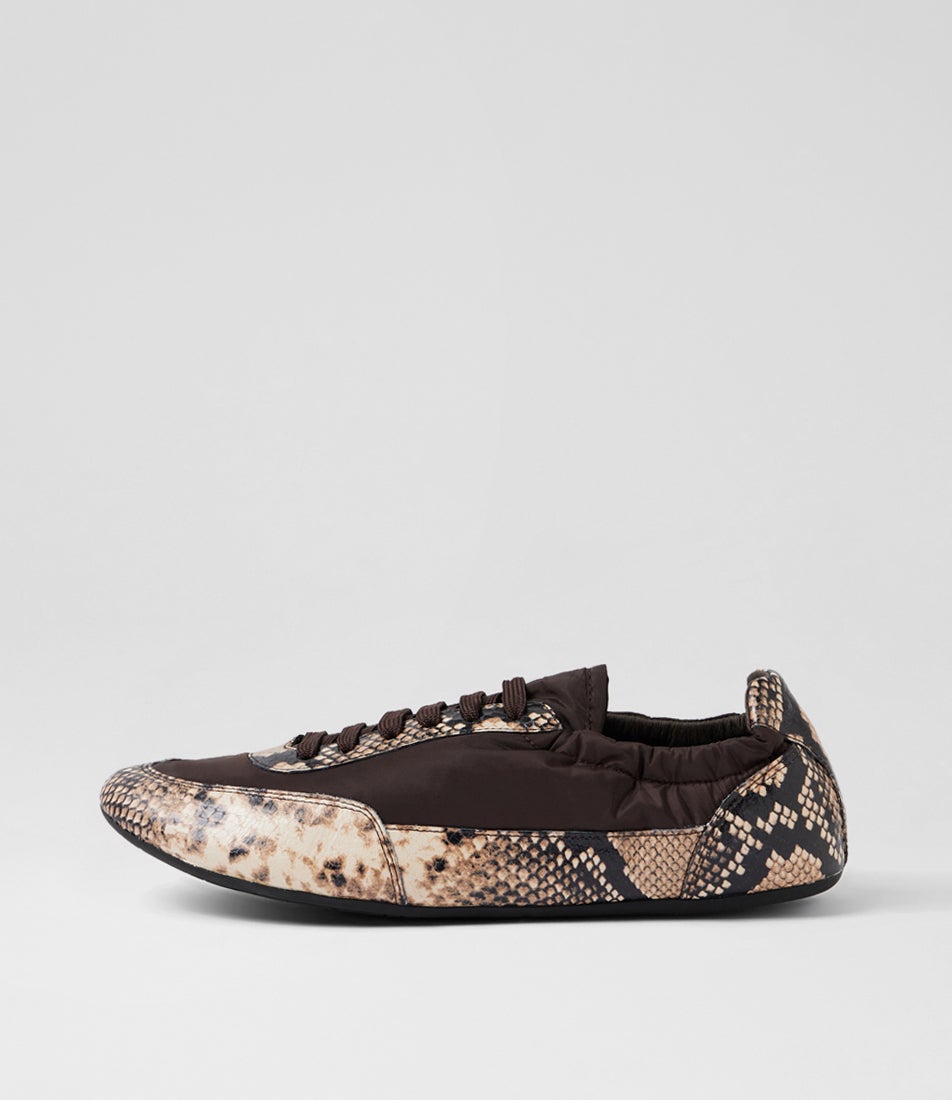 Brinkle Black Caramel Snake Choc Leather Fabric Flat Shoes