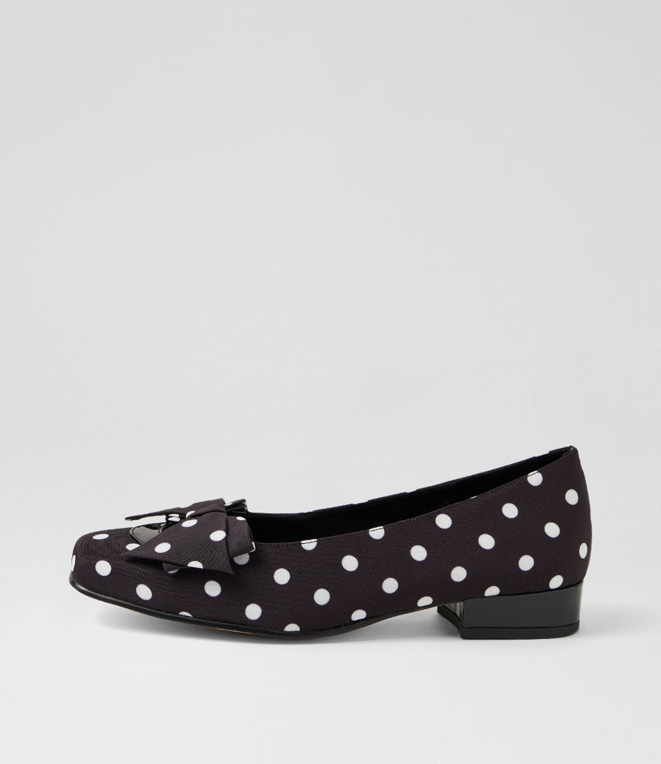 Britsas Black White Spot Fabric Patent Heels
