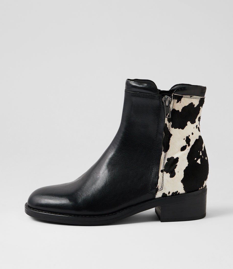 Crewe Black White Cow Leather Pony Ankle Boots