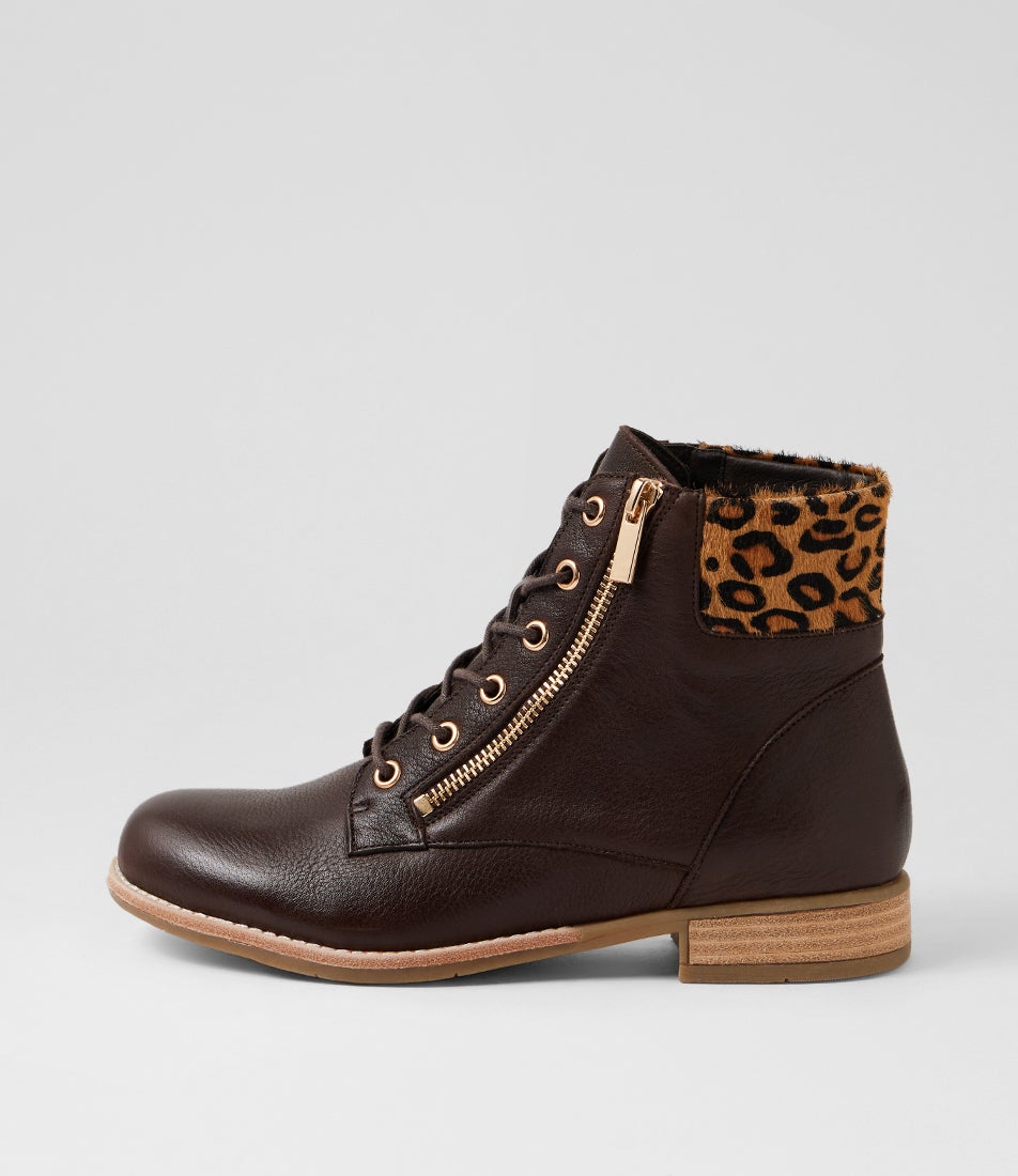 College Choc Light Tan Leopard Leather Lace Up Boots