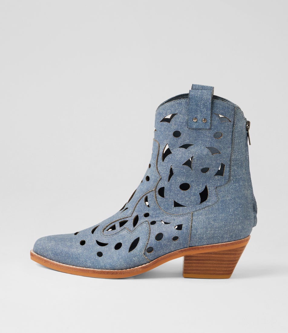 Eelia Blue Distress Denim Leather Ankle Boots
