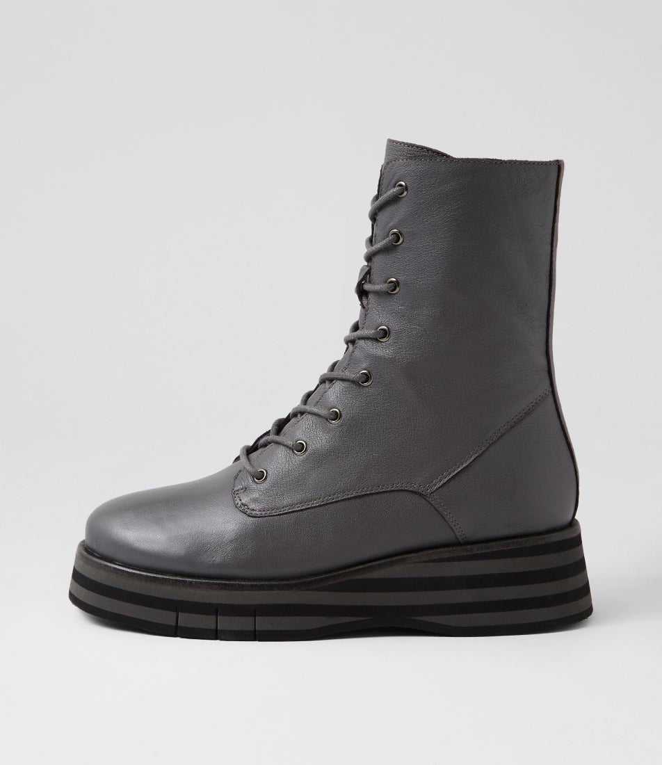 Ghala Charcoal Grey Black Leather Lace Up Boots