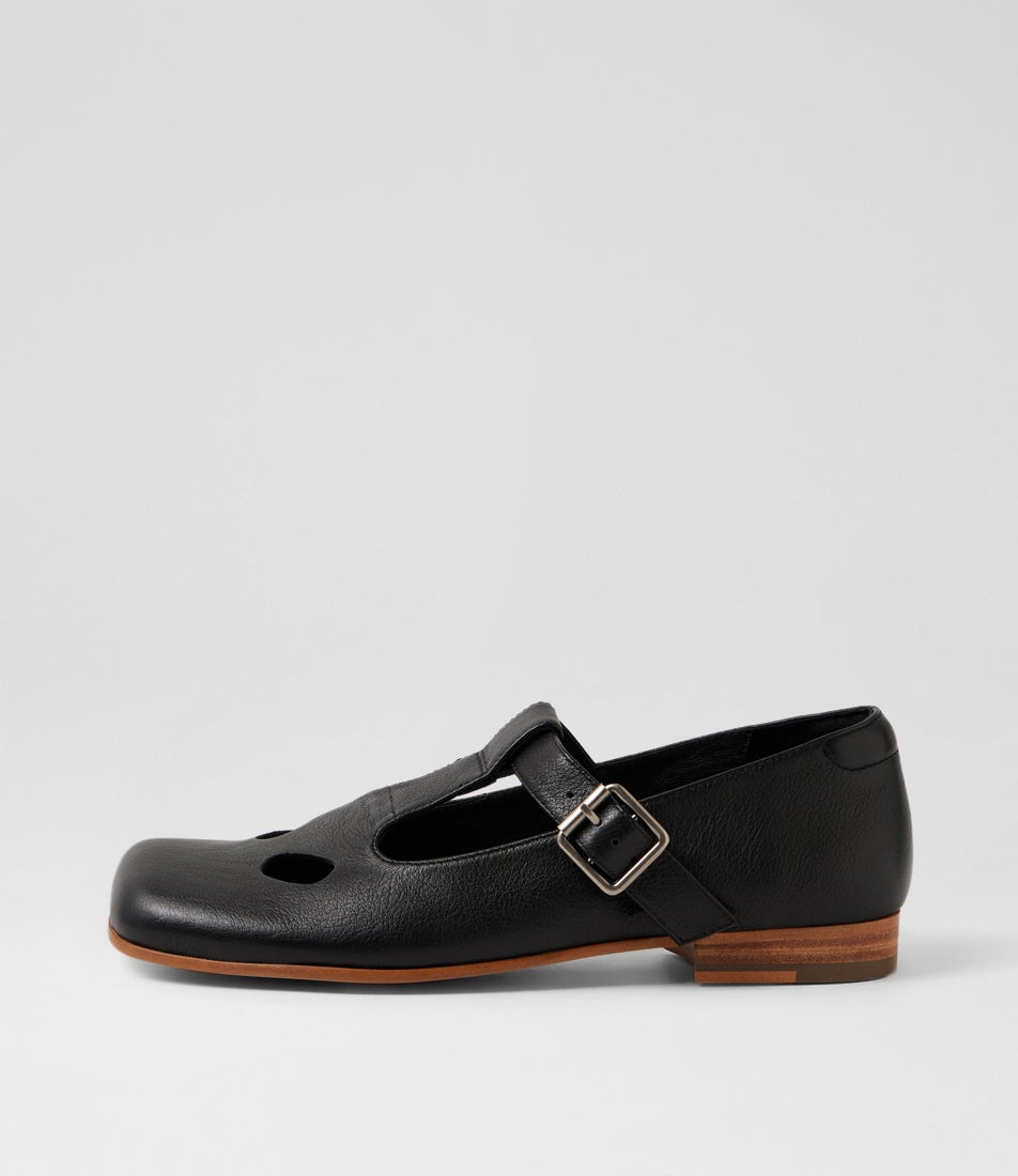Golfie Black Natural Leather Flat Shoes