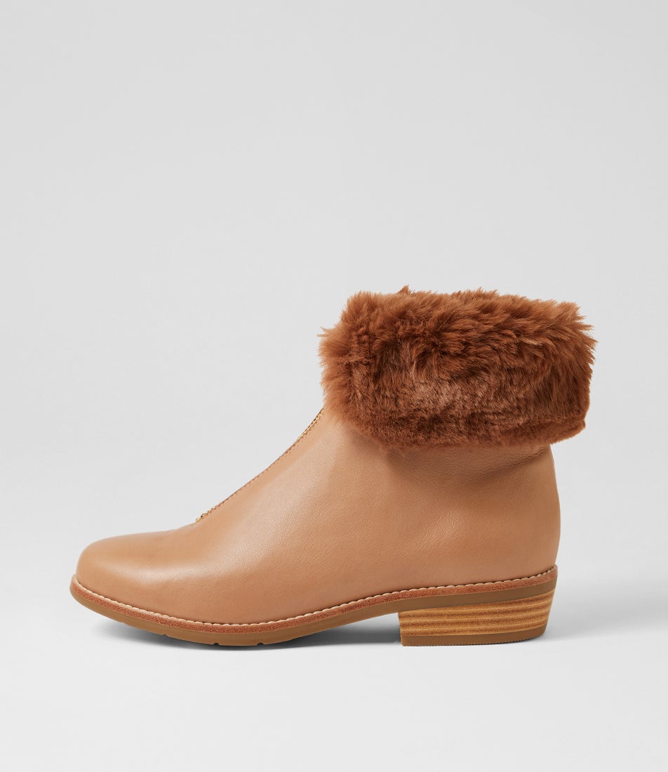 Lollys Cognac Brown Leather Fur Ankle Boots