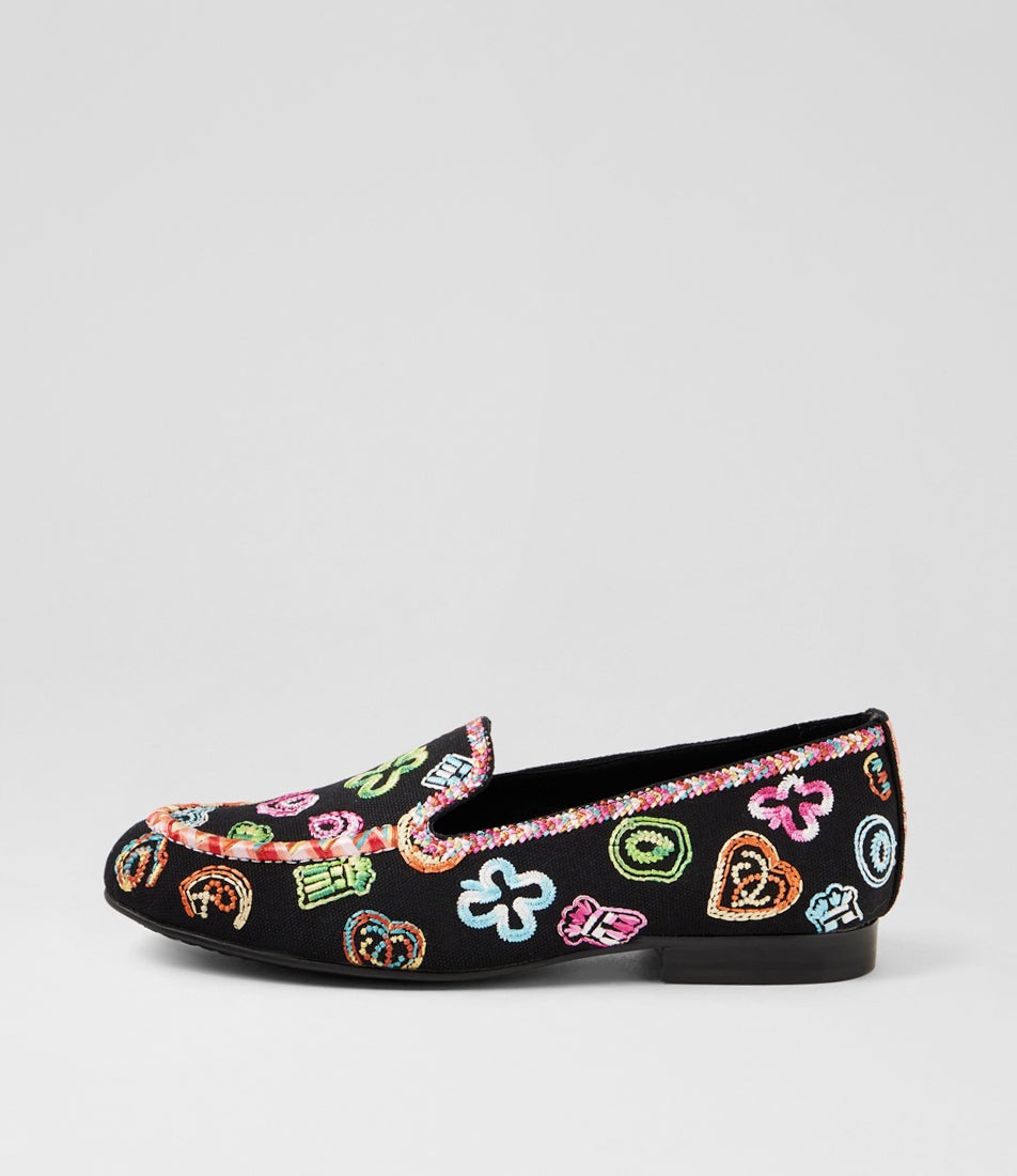 Teloe Black Embroidery Fabric Loafers Teloe Black Embroidery Fabric Loafers