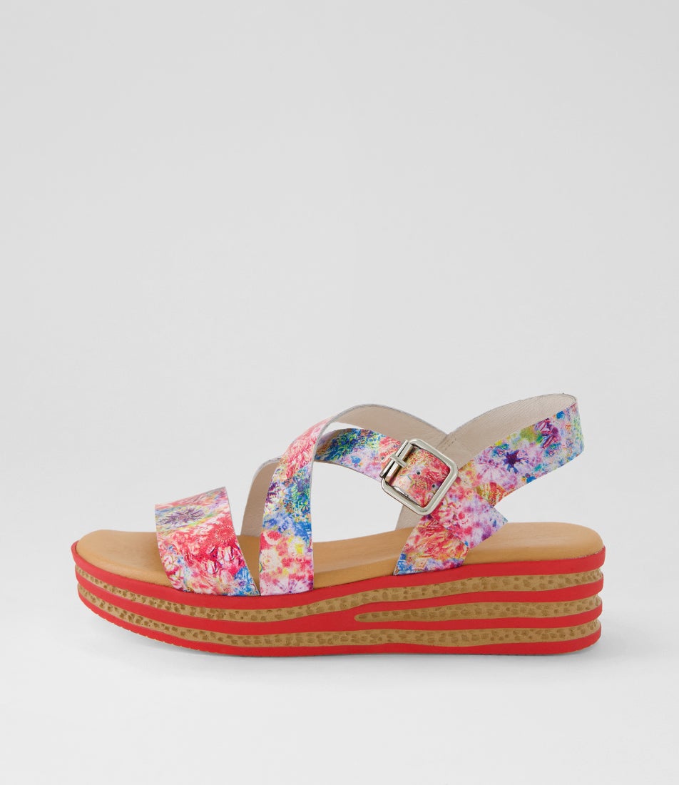 Criver Red Multi Print Leather Sandals Criver Red Multi Print Leather Sandals