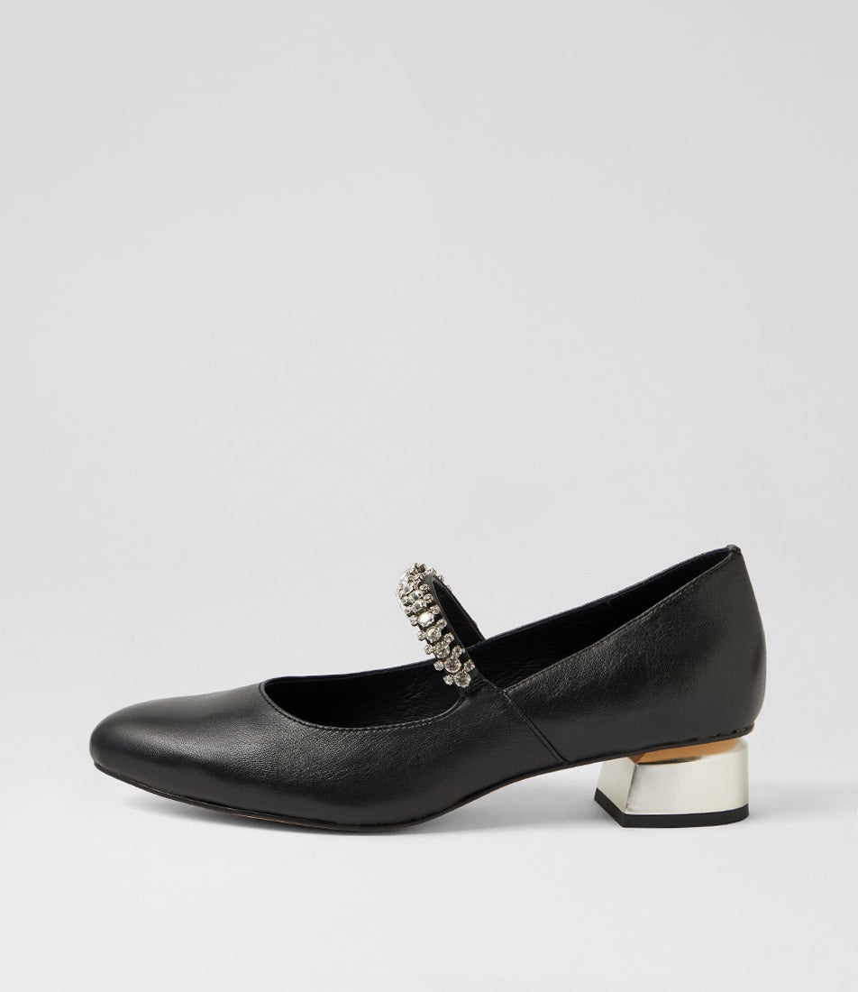 Julena Black Leather Mary Jane Heels