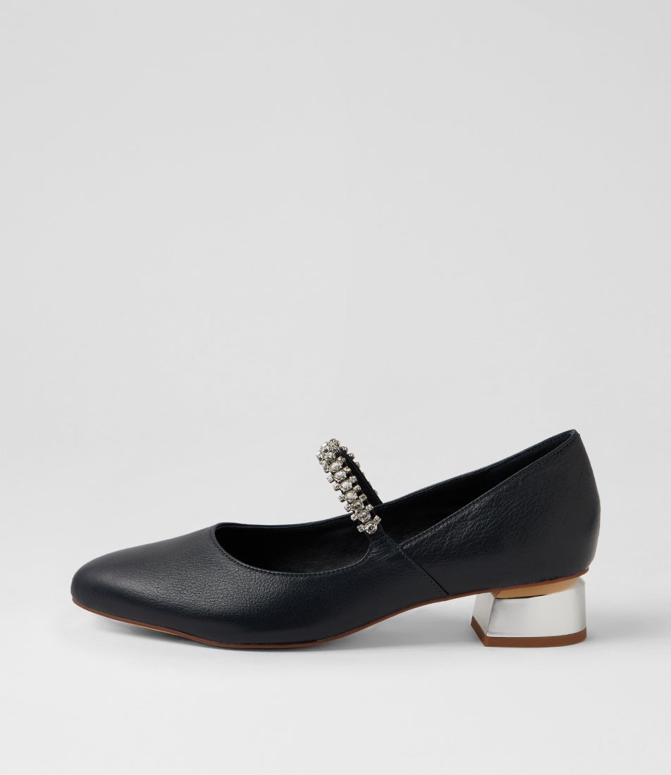 Julena Navy Leather Mary Jane Heels Julena Navy Leather Mary Jane Heels