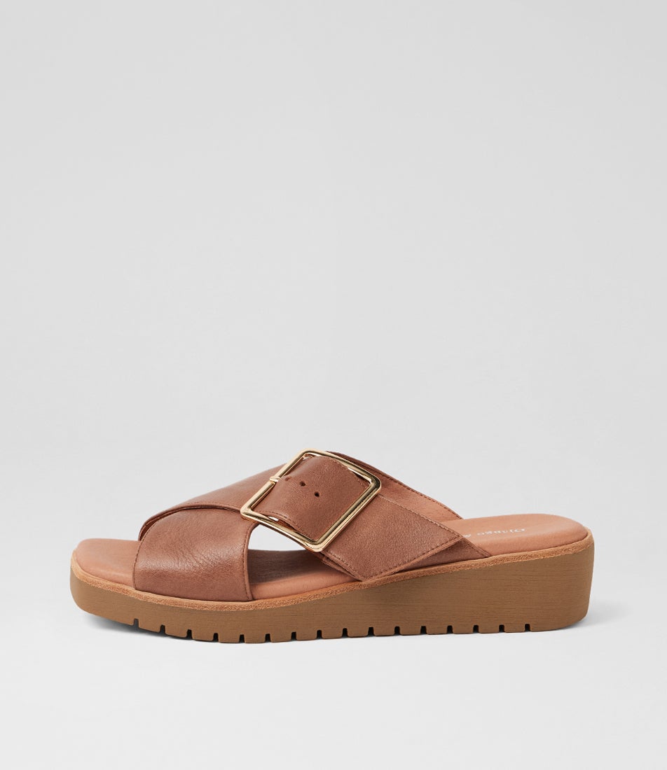 Kaldre Cognac Light Choc Leather Slides Kaldre Cognac Light Choc Leather Slides