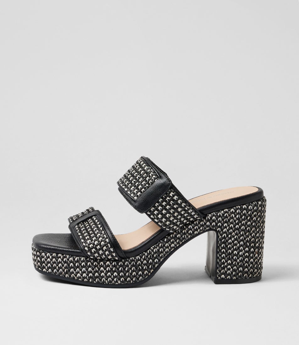 Kyper Black White Synthetic Raffia Leather Sandals
