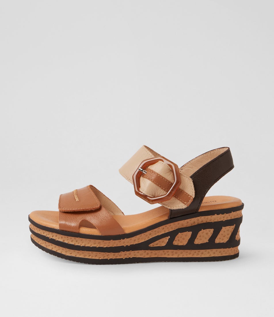 Qali Dark Tan Camel Leather Multi Platform Wedge Sandals