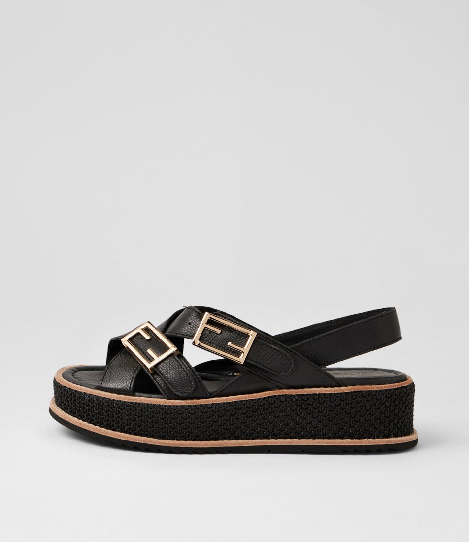 Vasha Black Leather Synthetic Raffia Sandals Vasha Black Leather Synthetic Raffia Sandals