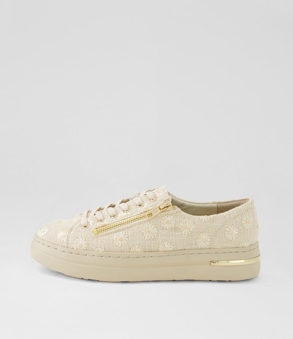 Wovies Beige Linen Flower Fabric Leather Sneakers