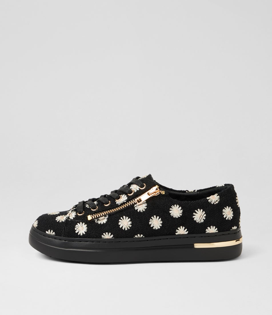 Wovies Black Beige Linen Flower Fabric Sneakers