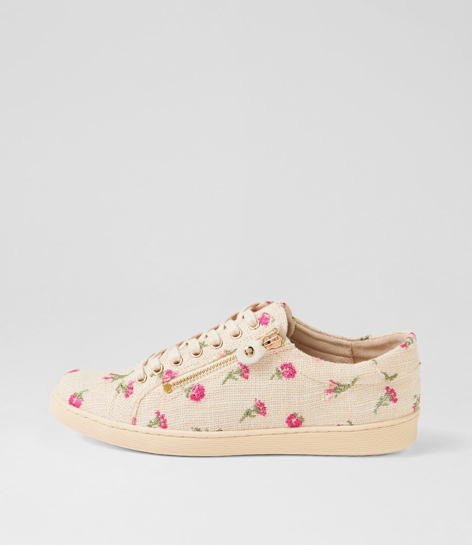 Donatas Beige Bouquet Fabric Lace Up Sneakers