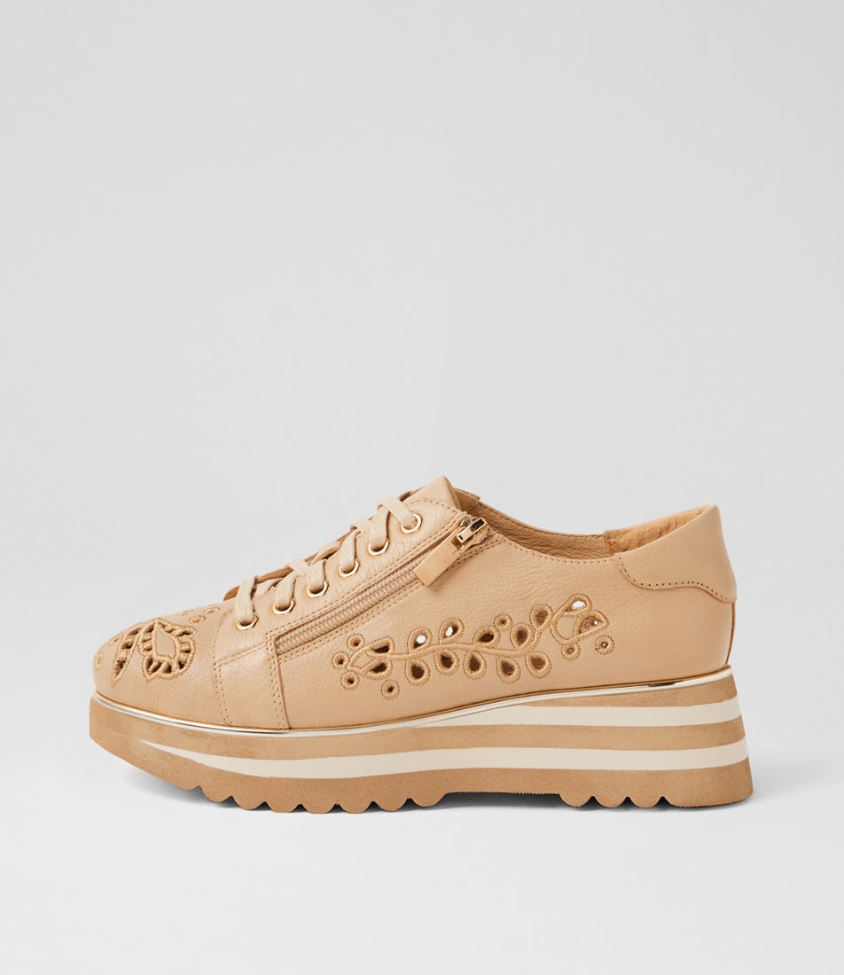Enedd Camel Leather Lace Up Flats