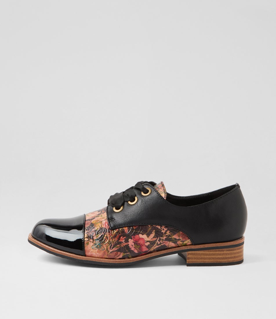 Hannie Black Cafe Floral Patent Pu Lace Up Flats