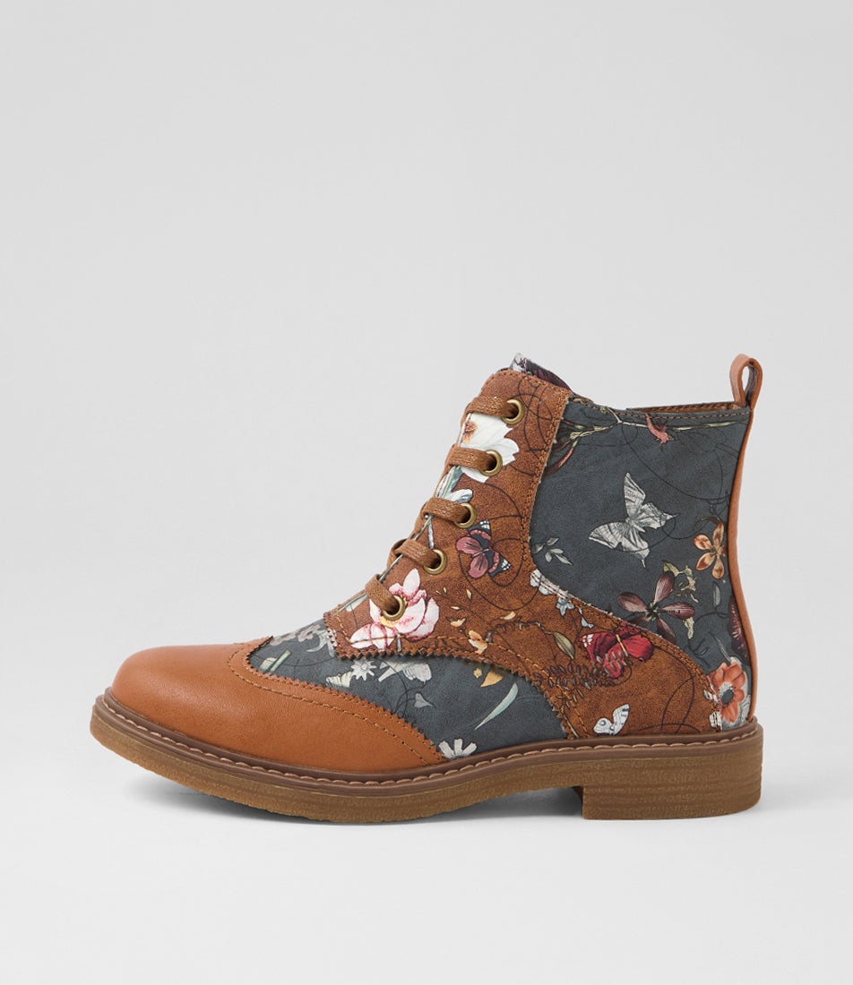 Bokoa Tan Steel Floral Ankle Boots Bokoa Tan Steel Floral Ankle Boots